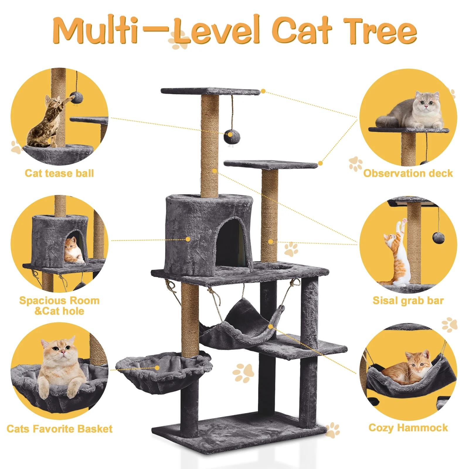 Cat Tree Multilevel Cat Tower with Condo and Hommock for Indoor-Gray - Image 6