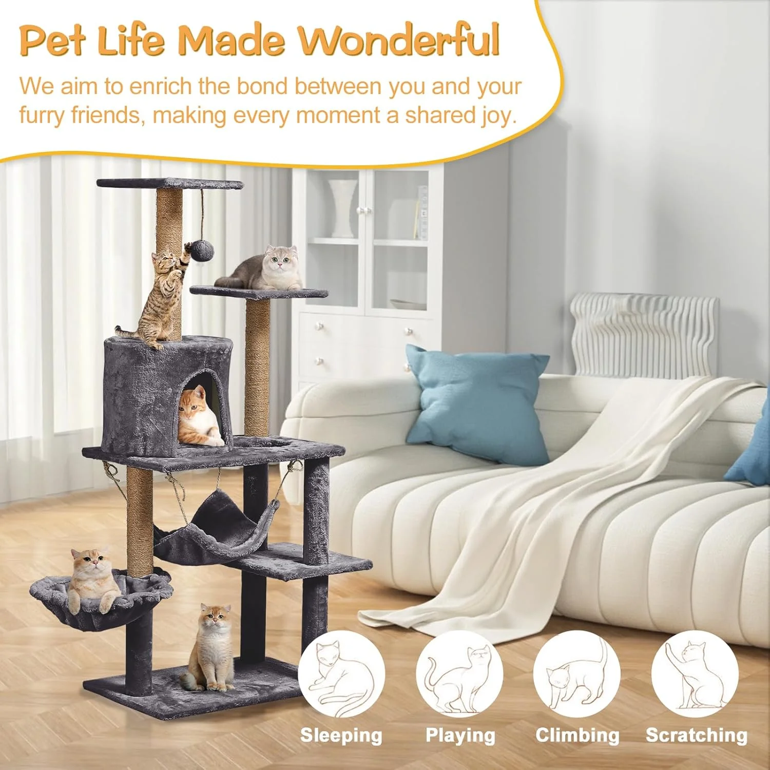 Cat Tree Multilevel Cat Tower with Condo and Hommock for Indoor-Gray - Image 7
