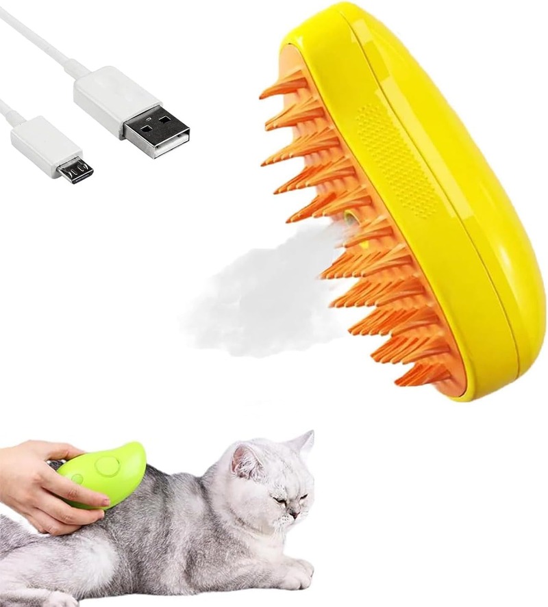 Electric Cat Brush, 3-in-1 Cat Steamy Brush with Self-Cleaning Feature-Yellow