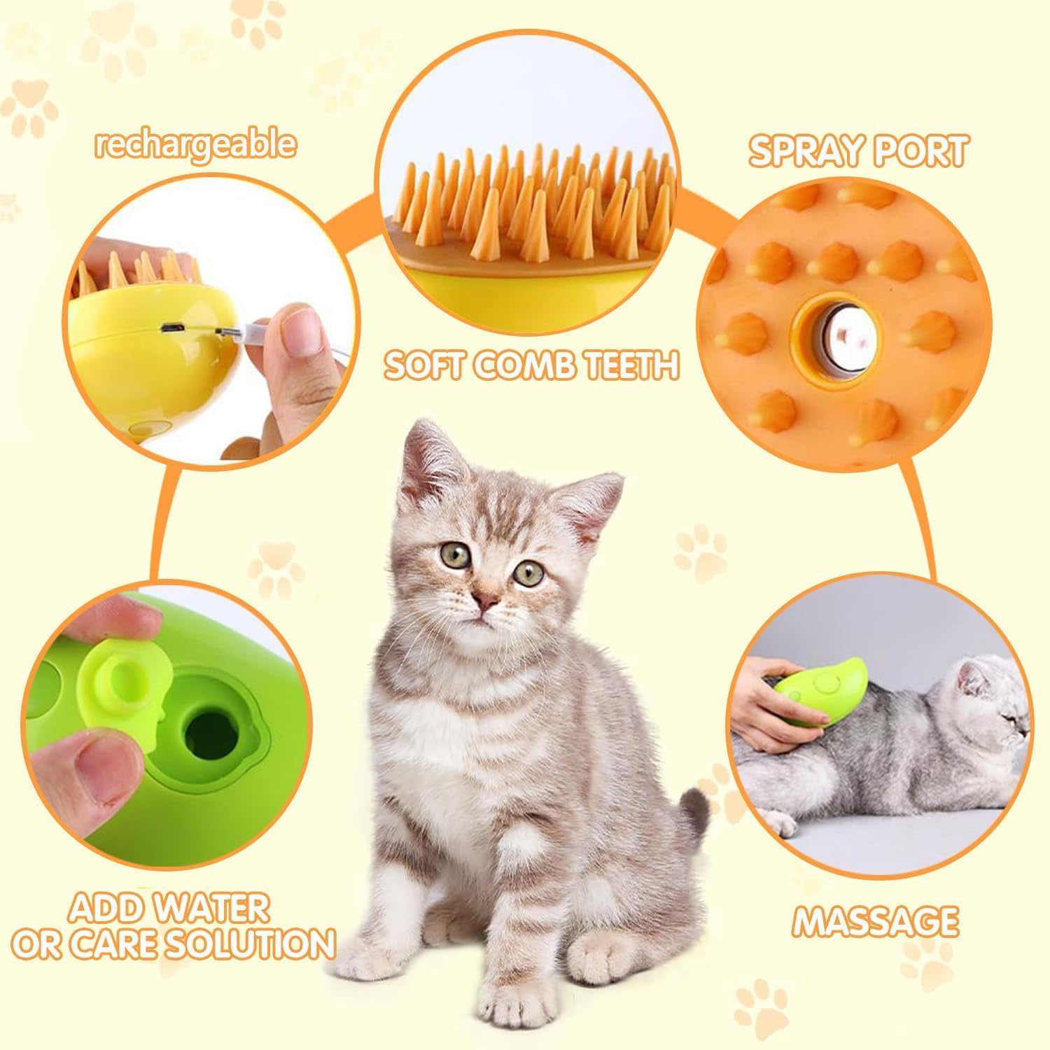 Electric Cat Brush, 3-in-1 Cat Steamy Brush with Self-Cleaning Feature-Yellow - Image 5