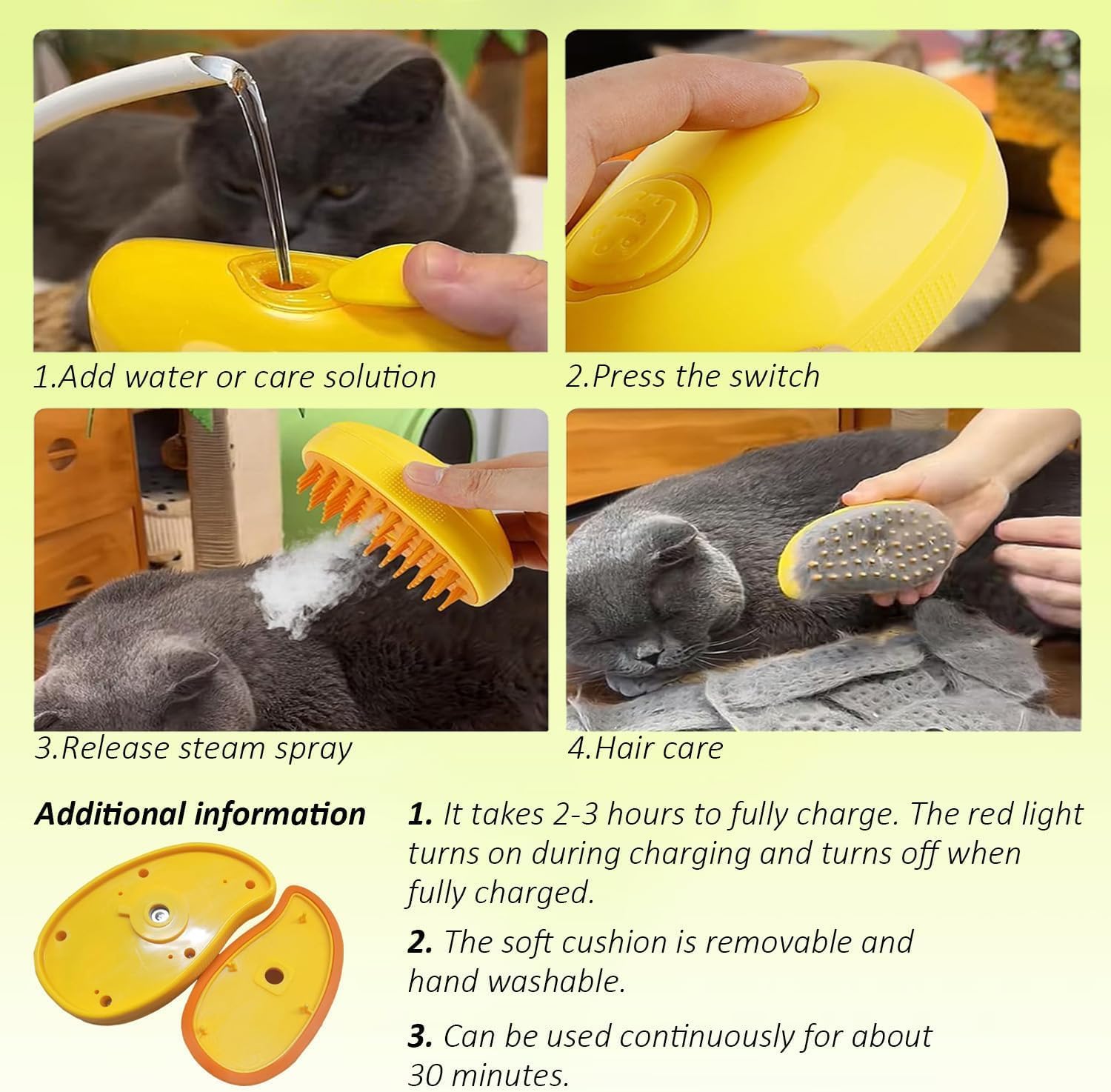 Electric Cat Brush, 3-in-1 Cat Steamy Brush with Self-Cleaning Feature-Yellow - Image 2