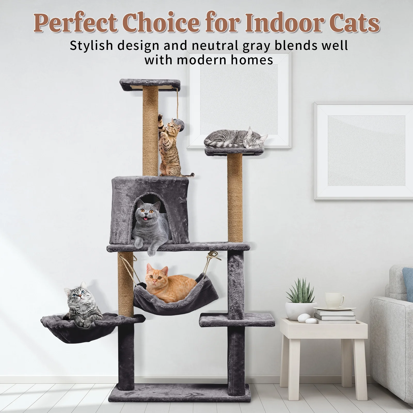 Cat Tree Multilevel Cat Tower with Condo and Hommock for Indoor-Gray - Image 2