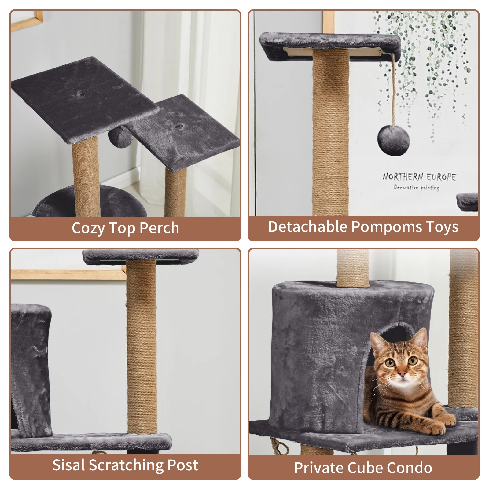 Cat Tree Multilevel Cat Tower with Condo and Hommock for Indoor-Gray - Image 5