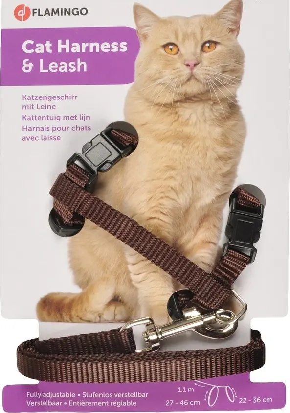 Flamingo f- Brown- Durable All-Weather Cat Harness with Leash