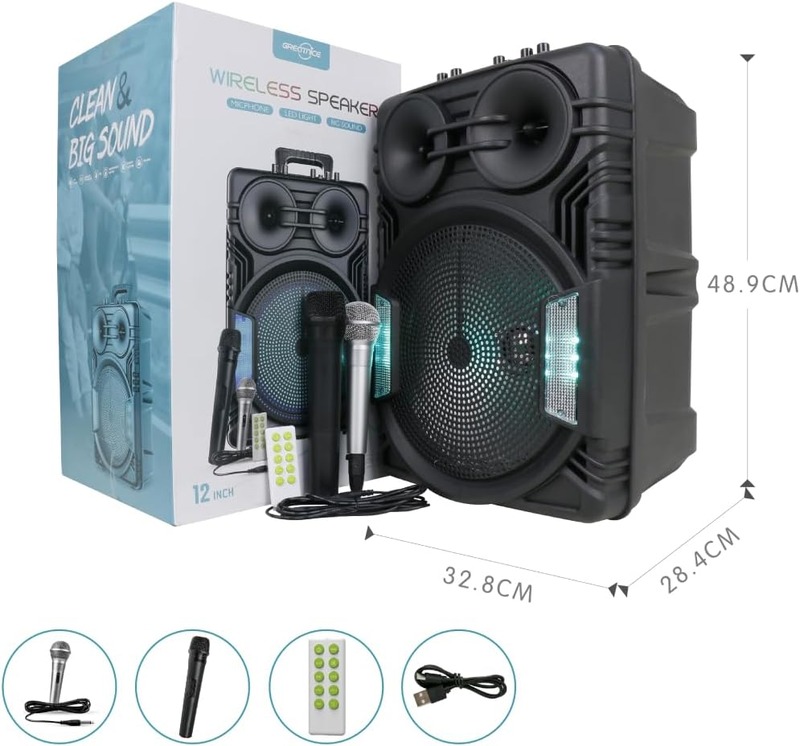 GREATNICE GTS-2069 Wireless Speaker With Led Light 12 Inch Portable Speaker 25W 80dB BT 5.3 Distance 10M 2400mAh Rechargeable Battery USb Sd, Tf, Fm, Radio,