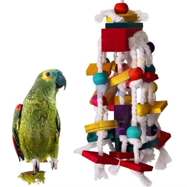 Wooden Hanging Parrot Chew and Climbing Toy with Building Blocks for Bird Cages