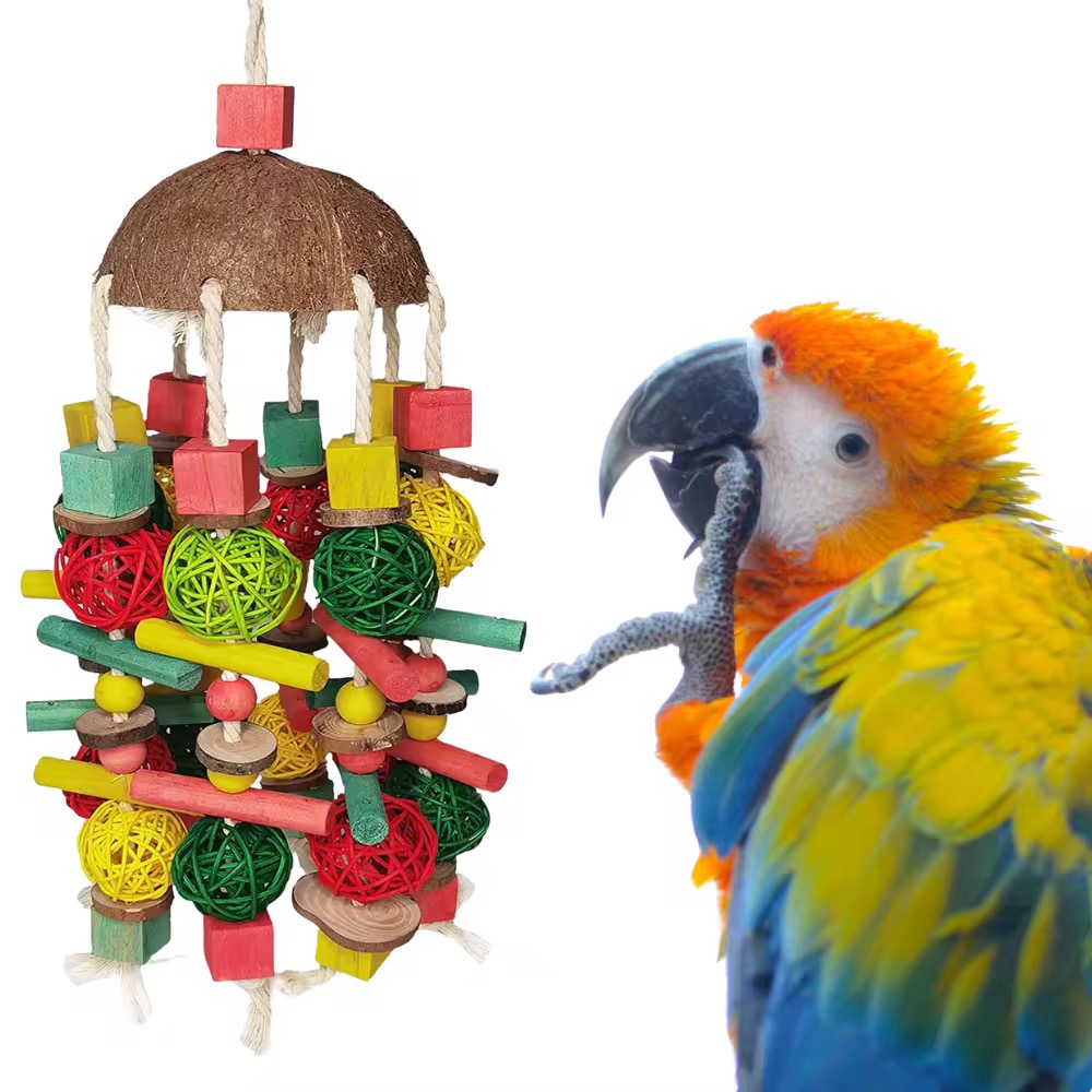 Bird Chewing Toy, Natural Wood Safe Bite Resistant Woven Sepak Takraw Hanging Pendant Toy for Parakeets Parrots Macaws Cockatoos - Image 5