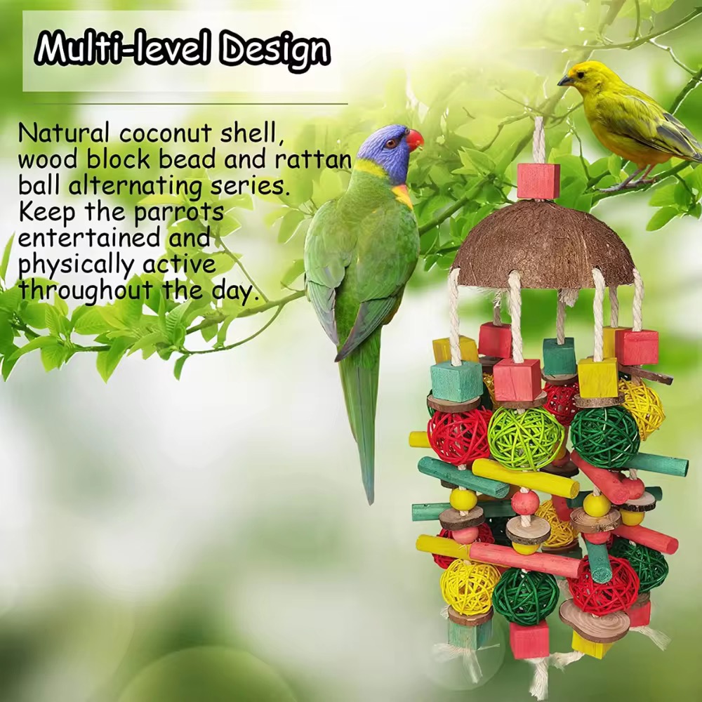 Bird Chewing Toy, Natural Wood Safe Bite Resistant Woven Sepak Takraw Hanging Pendant Toy for Parakeets Parrots Macaws Cockatoos - Image 4
