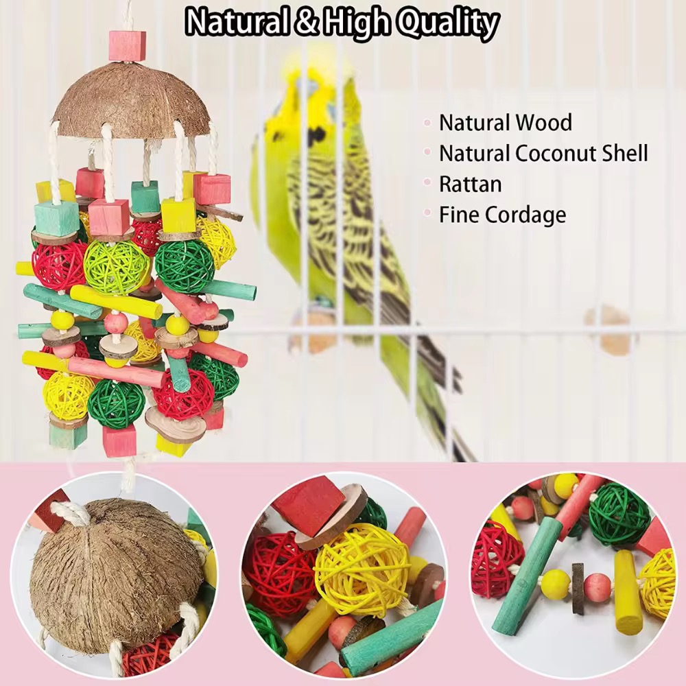 Bird Chewing Toy, Natural Wood Safe Bite Resistant Woven Sepak Takraw Hanging Pendant Toy for Parakeets Parrots Macaws Cockatoos - Image 8