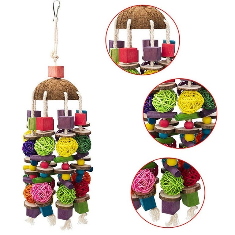 Bird Chewing Toy, Natural Wood Safe Bite Resistant Woven Sepak Takraw Hanging Pendant Toy for Parakeets Parrots Macaws Cockatoos