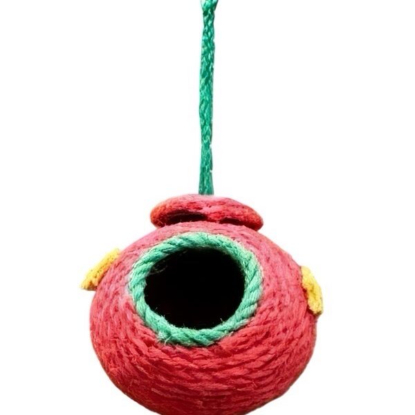 Handwoven coconut bird house with a rope exterior