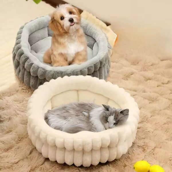 Round Plush Pet Bed for Cats & Rabbits, Thick Warming Donut Cushion with High Sides, No Assembly Needed Easy-Clean Small Dog Bed