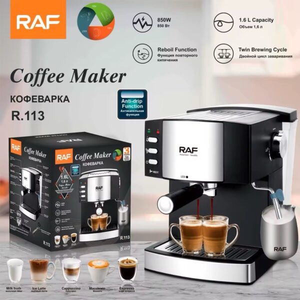 Raf Espresso Coffee Maker 850W Strong Power 1.6L Cafe Machine Steam Foaming Machine R113