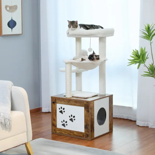 Cat Tower with Hidden litter Box Furniture Cat Scratching Posts-52*48*117cm