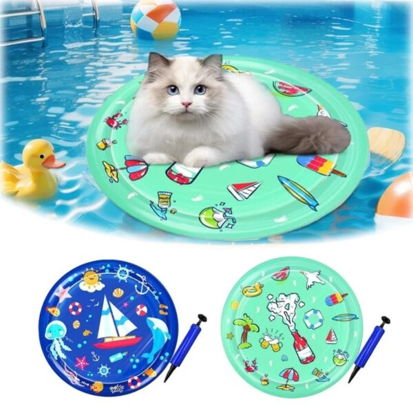 Cat Water Mat with Floating Fish  Large Leakproof Cooling Pad, Anti-Scratch Summer Playmat for Indoor Pets, Includes Manual Air Pump for Heat Relief