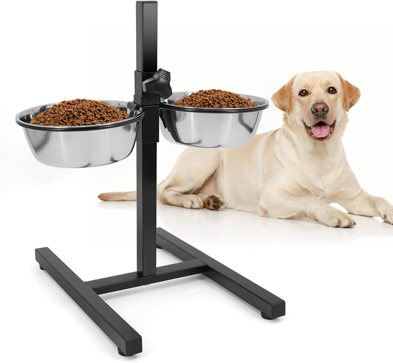 Elevated Double Stainless Steel Pet Bowls with Iron Stand Rack Adjustable -Medium