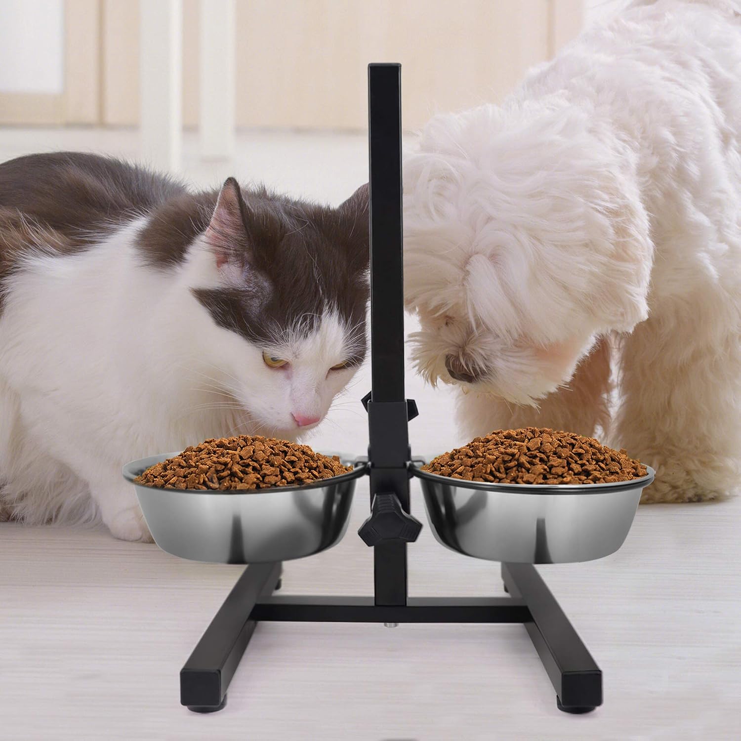 Elevated Double Stainless Steel Pet Bowls with Iron Stand Rack Adjustable -Medium - Image 2