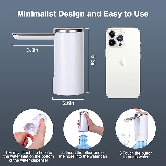 Automatic Water Dispenser Pump, 3 Quantitative Settings Drinking Water Pump with LED Display, Foldable USB Rechargeable Electric Mini Water Pump (White) - Image 3