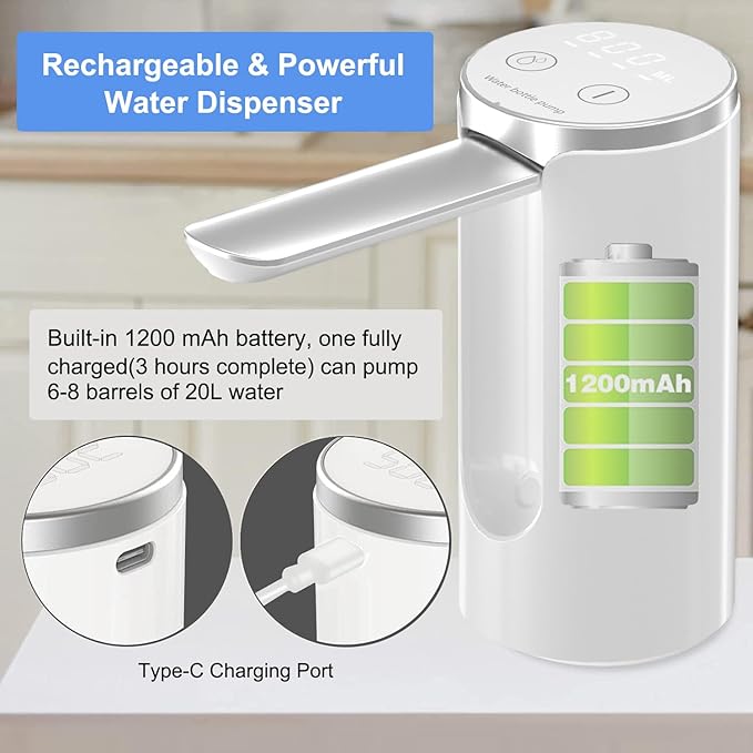 Automatic Water Dispenser Pump, 3 Quantitative Settings Drinking Water Pump with LED Display, Foldable USB Rechargeable Electric Mini Water Pump (White) - Image 4