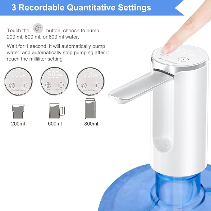 Automatic Water Dispenser Pump, 3 Quantitative Settings Drinking Water Pump with LED Display, Foldable USB Rechargeable Electric Mini Water Pump (White) - Image 7