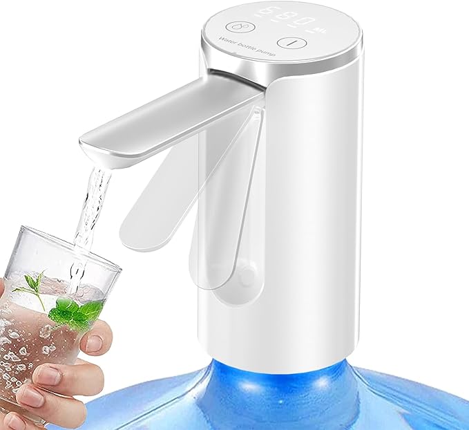 Automatic Water Dispenser Pump, 3 Quantitative Settings Drinking Water Pump with LED Display, Foldable USB Rechargeable Electric Mini Water Pump (White)