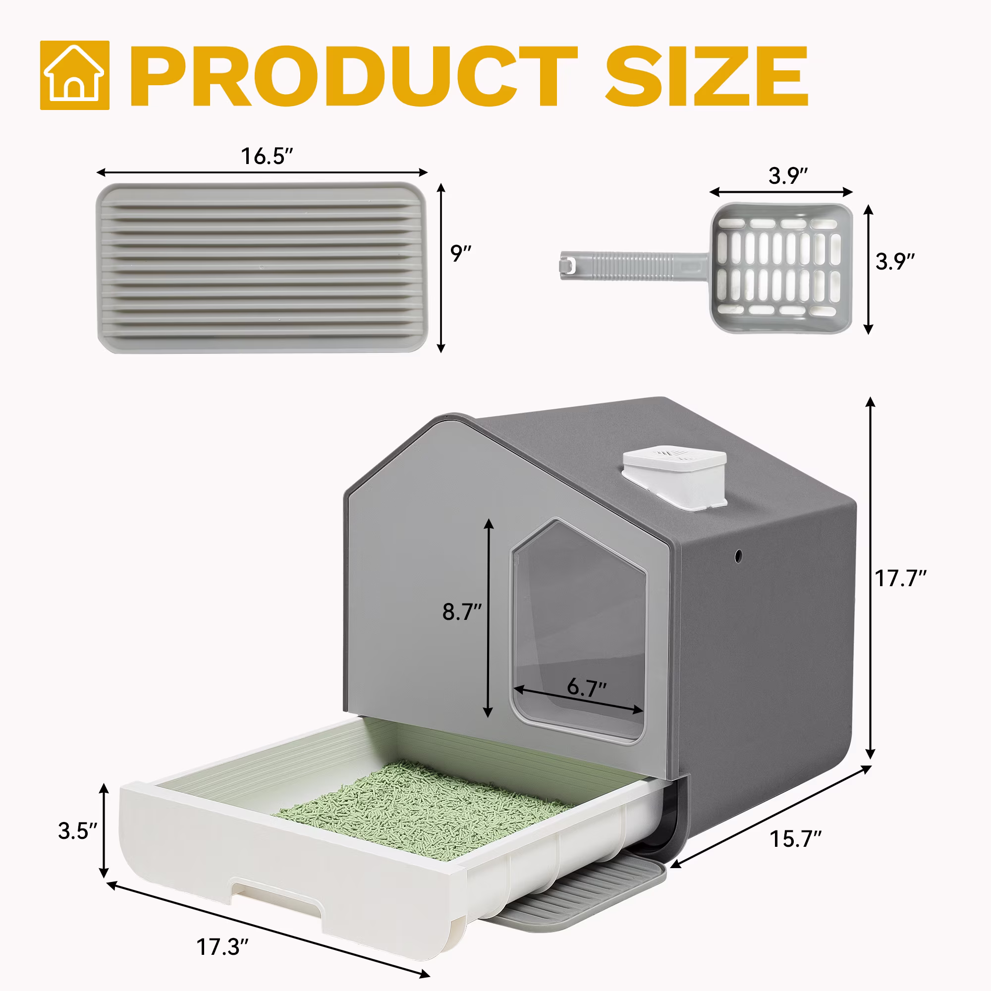 Dextrus Extra Large Hooded Cat Litter Box with Odor Control, Scoop, Mat, Easy to Clean, Gray-45*40*45cm - Image 3