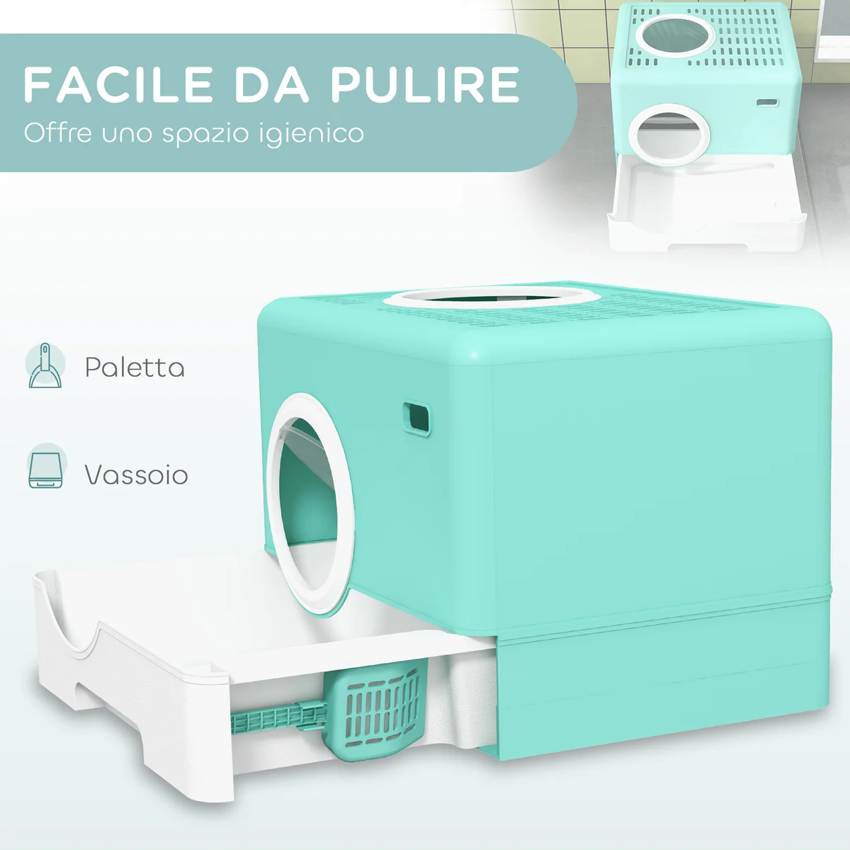 Cat Litter Box with Lid and Scoop, Double Entrance and Removable Tray, 52x41x38.5 cm - Image 6