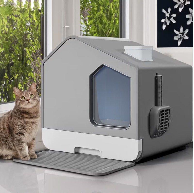 Dextrus Extra Large Hooded Cat Litter Box with Odor Control, Scoop, Mat, Easy to Clean, Gray-45*40*45cm