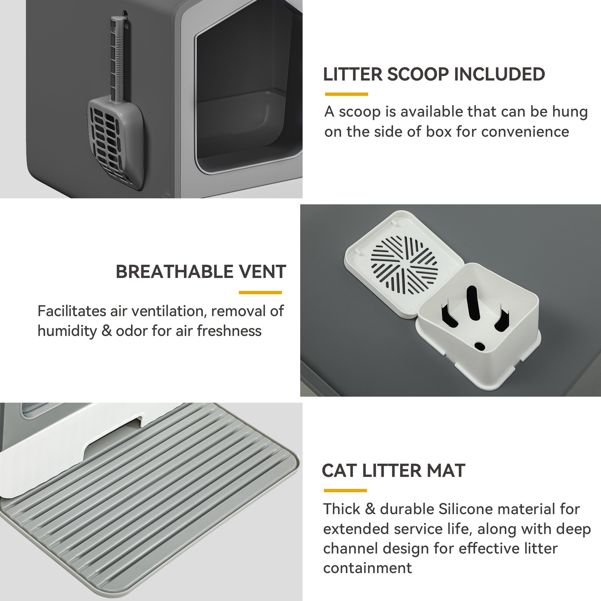 Dextrus Extra Large Hooded Cat Litter Box with Odor Control, Scoop, Mat, Easy to Clean, Gray-45*40*45cm - Image 6