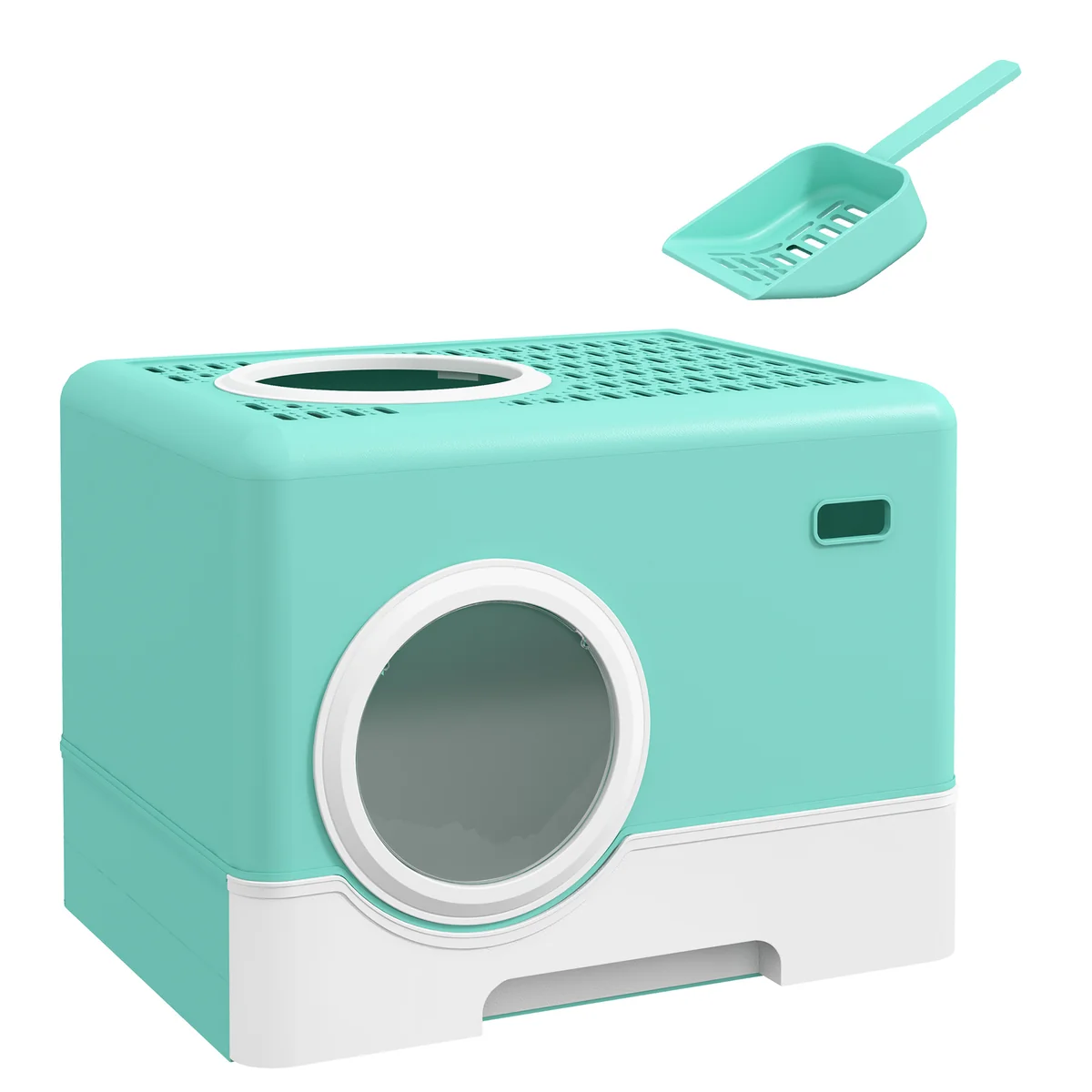 Cat Litter Box with Lid and Scoop, Double Entrance and Removable Tray, 52x41x38.5 cm - Image 4